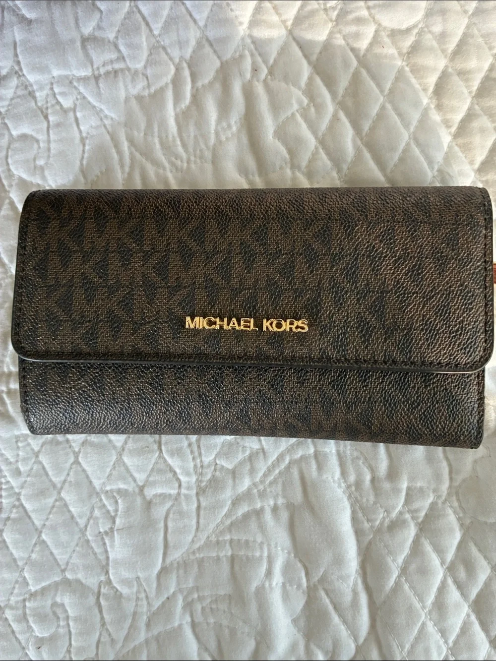 Michael Kors Brown MK Logo Tote with Tan Trim and Gold Hardware/matching wallet